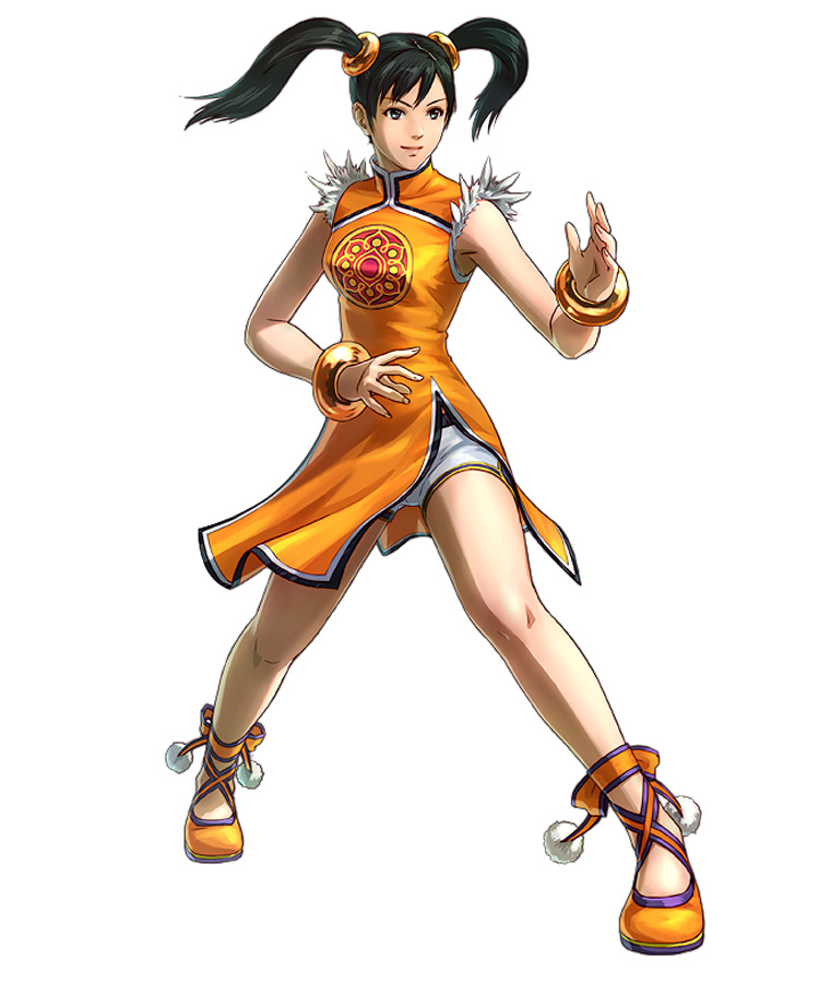 black_hair blue_eyes bracelet breasts china_dress chinese_clothes dress fighting_stance flats jewelry kawano_takuji ling_xiaoyu official_art orange_shirt project_x_zone scrunchie shirt shorts sleeveless small_breasts smile solo tassel tekken twintails