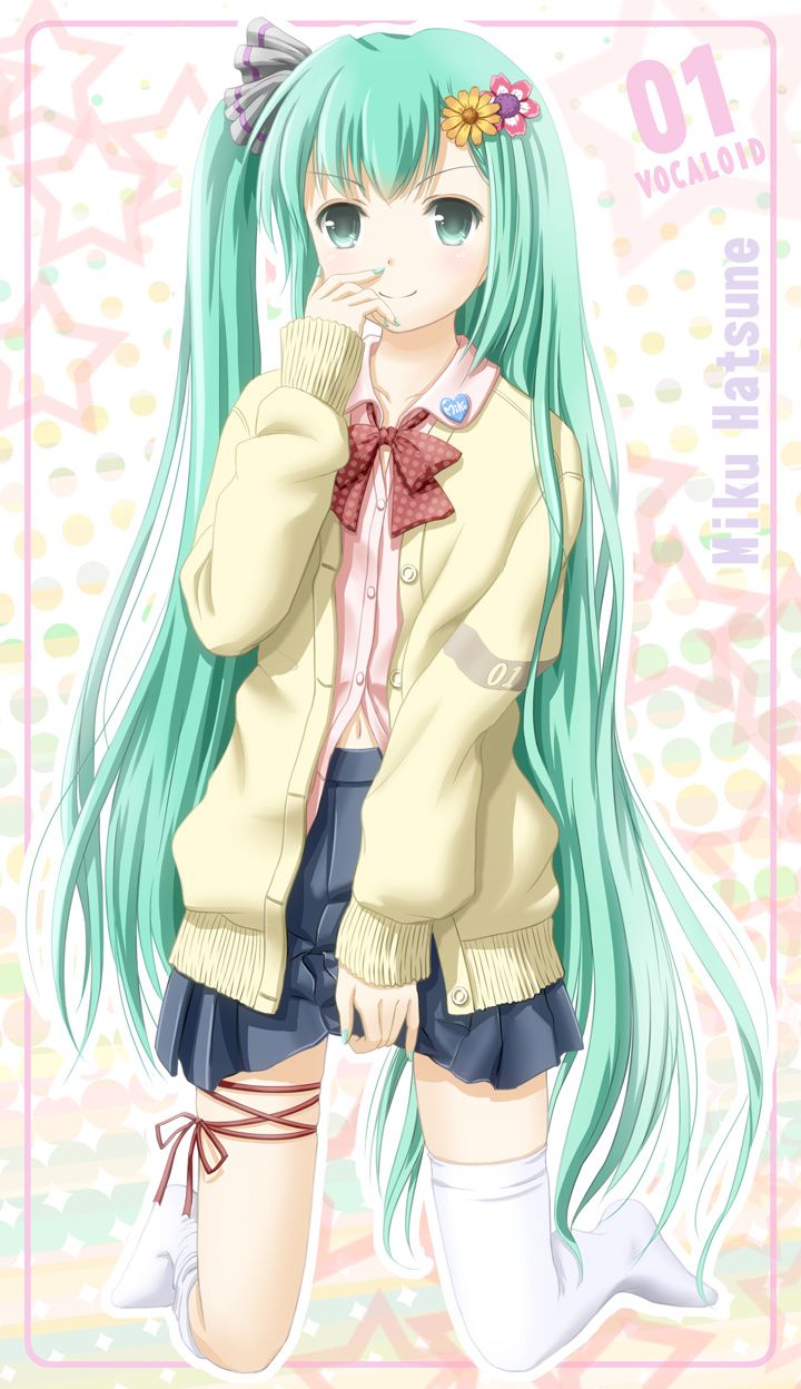 bow bowtie cardigan character_name flower funyo green_eyes green_hair hair_flower hair_ornament hatsune_miku highres kneeling long_hair navel open_cardigan open_clothes side_ponytail skirt slim_legs smile solo thighhighs very_long_hair vocaloid