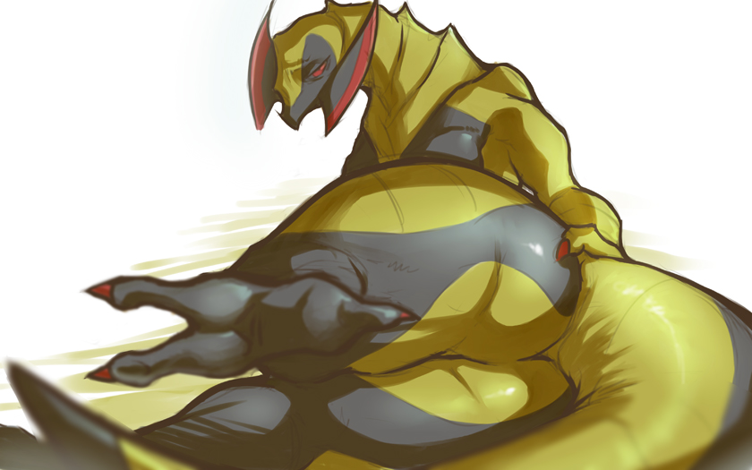 ambiguous_gender anthro big_butt breasts butt claws dragon grey_skin haxorus hindpaw l1zardman nintendo paws plain_background pok&#233;mon pok&#233;morph pok&eacute;mon pok&eacute;morph presenting presenting_hindquarters red_eyes reptile scalie solo thick_thighs thighs video_games white_background yellow_skin