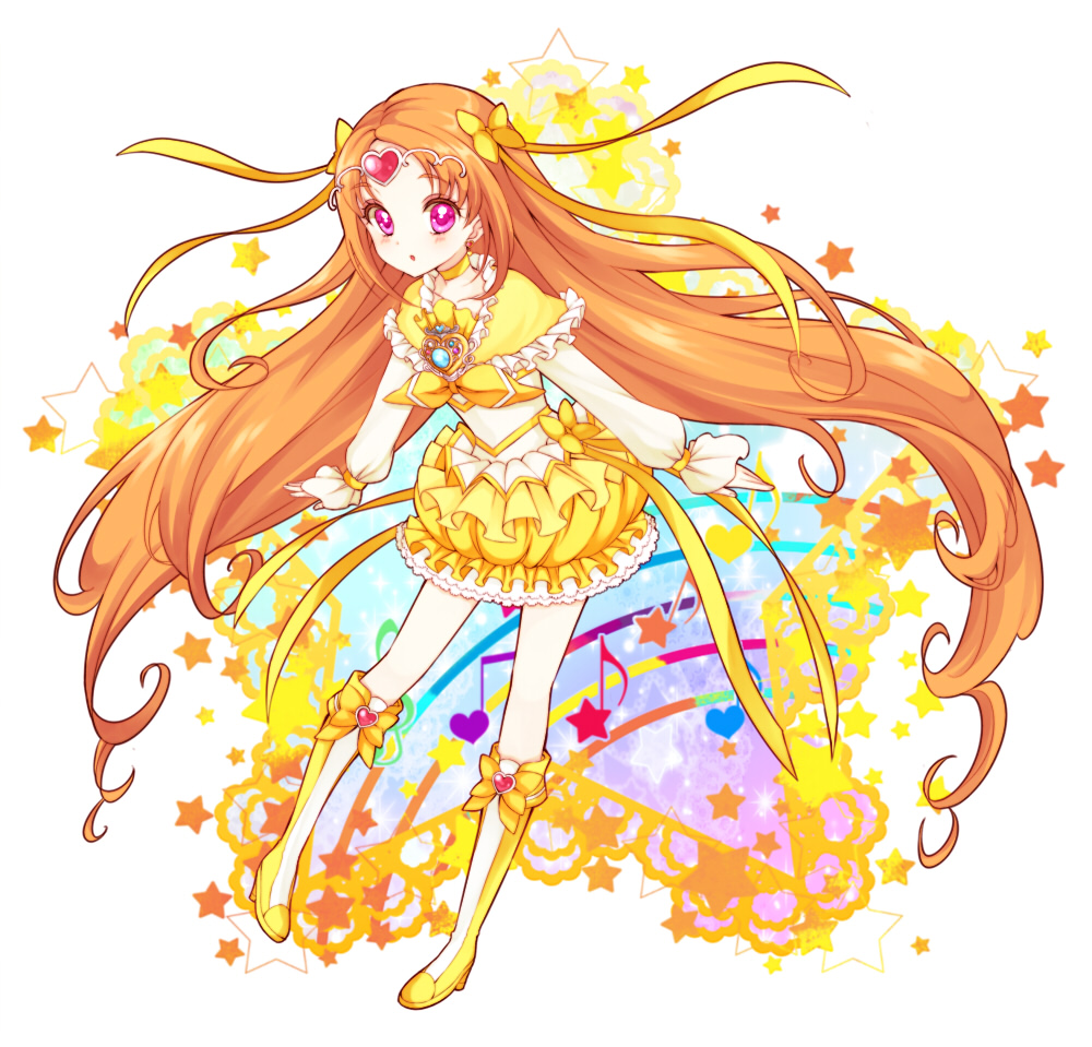 boots bow brooch bubble_skirt choker circlet cure_muse_(yellow) eighth_note frills hair_ribbon heart jewelry knee_boots long_hair magical_girl musical_note orange_hair pink_eyes precure ribbon shirabe_ako sikuhima skirt solo star suite_precure treble_clef very_long_hair yellow_bow yellow_choker yellow_skirt