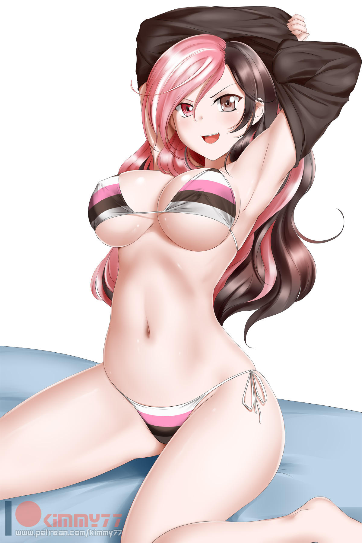 1girl alfred_cullado armpits arms_behind_head arms_up bikini blush breasts brown_eyes brown_hair cleavage erect_nipples groin heterochromia highres large_breasts long_hair multicolored_hair navel neo_(rwby) patreon_logo pink_eyes pink_hair rwby side-tie_bikini sitting skindentation smile solo striped striped_bikini swimsuit thighs undressing wariza watermark wavy_hair web_address white_background