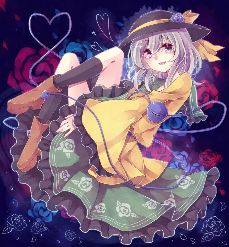 bad_id bad_pixiv_id blue_eyes eyeball flower hat heart heart_of_string komeiji_koishi looking_at_viewer miiko_(somnolent) open_mouth short_hair silver_hair skirt smile solo third_eye touhou wide_sleeves