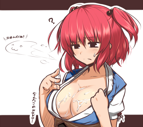 blush breasts cleavage hair_bobbles hair_ornament large_breasts onozuka_komachi red_hair sexually_suggestive short_hair solo totosu touhou translation_request two_side_up