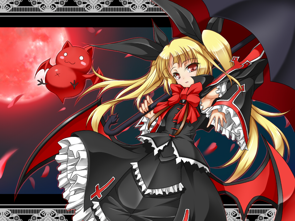 bat black_capelet black_umbrella blazblue blonde_hair bow capelet cat detached_sleeves dress frills full_moon gii gothic_lolita hair_ribbon lolita_fashion long_hair moon nago petals rachel_alucard red_bow red_eyes red_moon red_wings ribbon roura sky smile twintails umbrella wings
