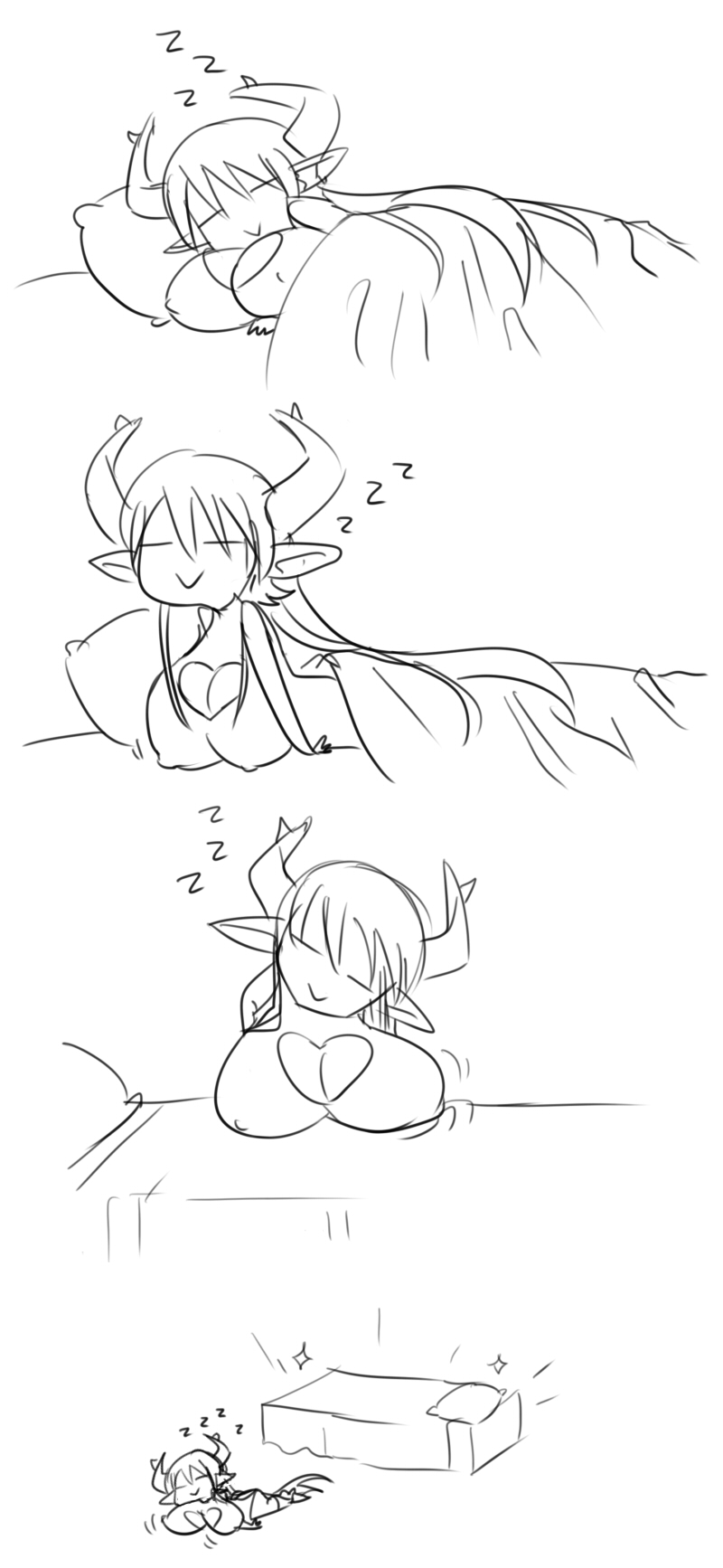 bed breasts cleavage cleavage_cutout comic commentary greyscale highres horns large_breasts long_hair matsu-sensei monochrome original pointy_ears silent_comic sleeping solo what zzz