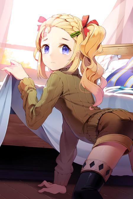 all_fours arm_support bandaid bandaid_on_forehead bed bedside black_legwear blonde_hair braid frett gilse hair_ornament hair_ribbon hairclip long_hair looking_back on_floor pillow purple_eyes ribbed_sweater ribbon shorts solo sweater sword_girls thighhighs twintails window