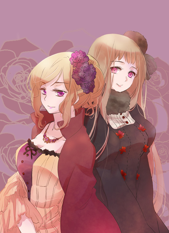 axis_powers_hetalia blonde_hair breasts cleavage dress flower france_(hetalia) genderswap genderswap_(mtf) hair_flower hair_ornament hat kinutarou large_breasts long_hair multiple_girls purple_eyes russia_(hetalia) scarf smile