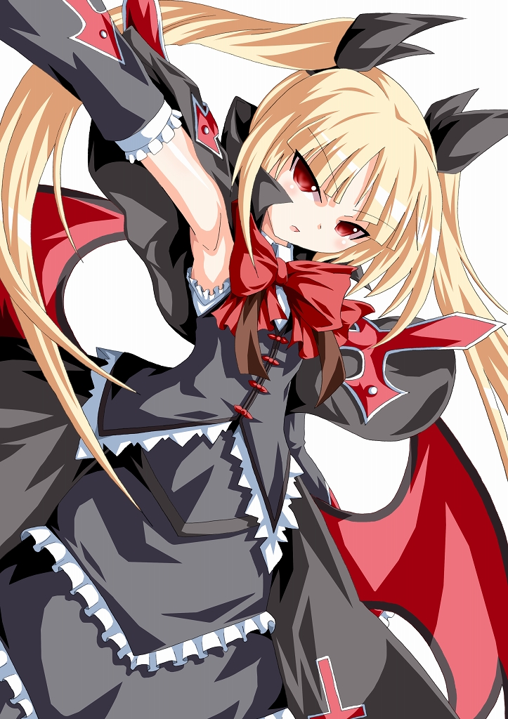 black_capelet blazblue blonde_hair blush bow capelet detached_sleeves dress frills gothic_lolita hair_ribbon kagerou_(kers) lolita_fashion long_hair rachel_alucard red_bow red_eyes ribbon solo twintails white_background