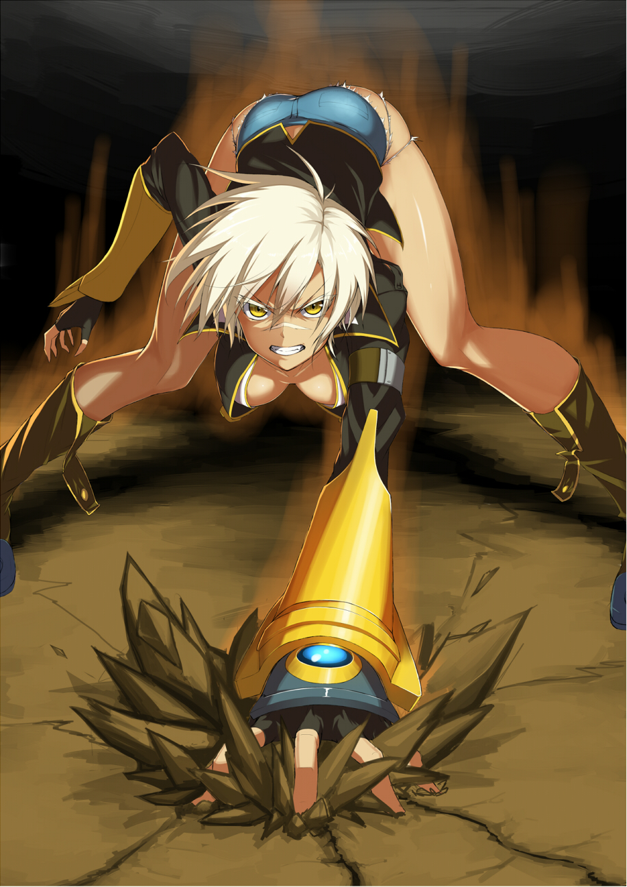 belt blazblue blazblue:_chronophantasma boots breasts bullet_(blazblue) cleavage dark_skin denim denim_shorts fingerless_gloves gloves highres jacket large_breasts navel purinnssu scar short_hair short_shorts shorts solo teeth white_hair yellow_eyes