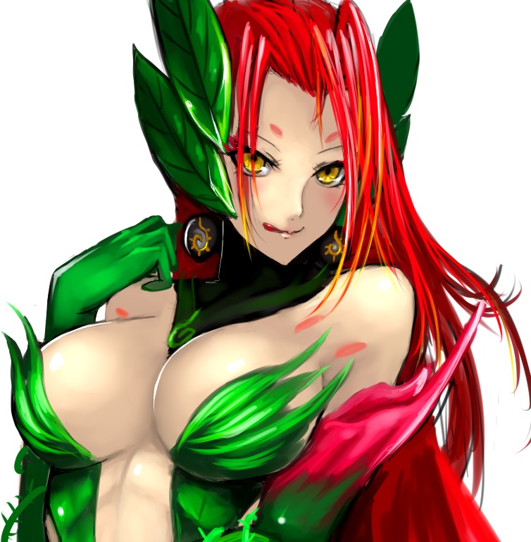 bare_shoulders breasts detached_collar elbow_gloves gloves hair_ornament kumiko_shiba large_breasts leaf leaf_hair_ornament league_of_legends licking_lips long_hair monster_girl plant_girl red_hair solo tongue tongue_out yellow_eyes zyra