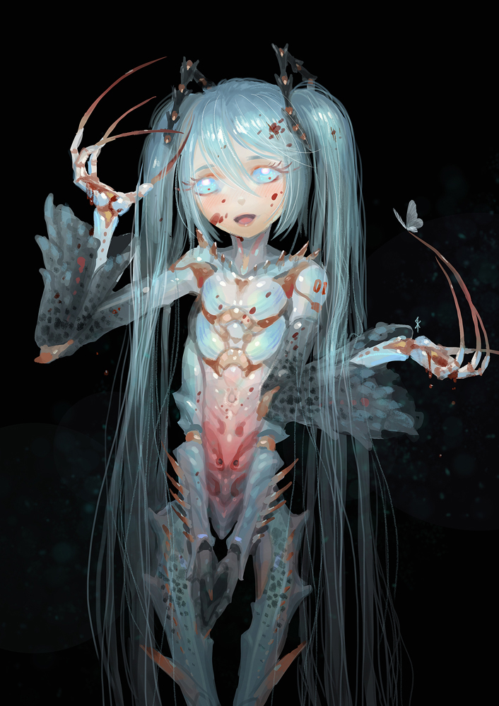 bad_id bad_pixiv_id blue_eyes carapace fingernails hatsune_miku long_fingernails long_hair monster_girl multiple_arms open_mouth seeker smile solo twintails very_long_hair vocaloid