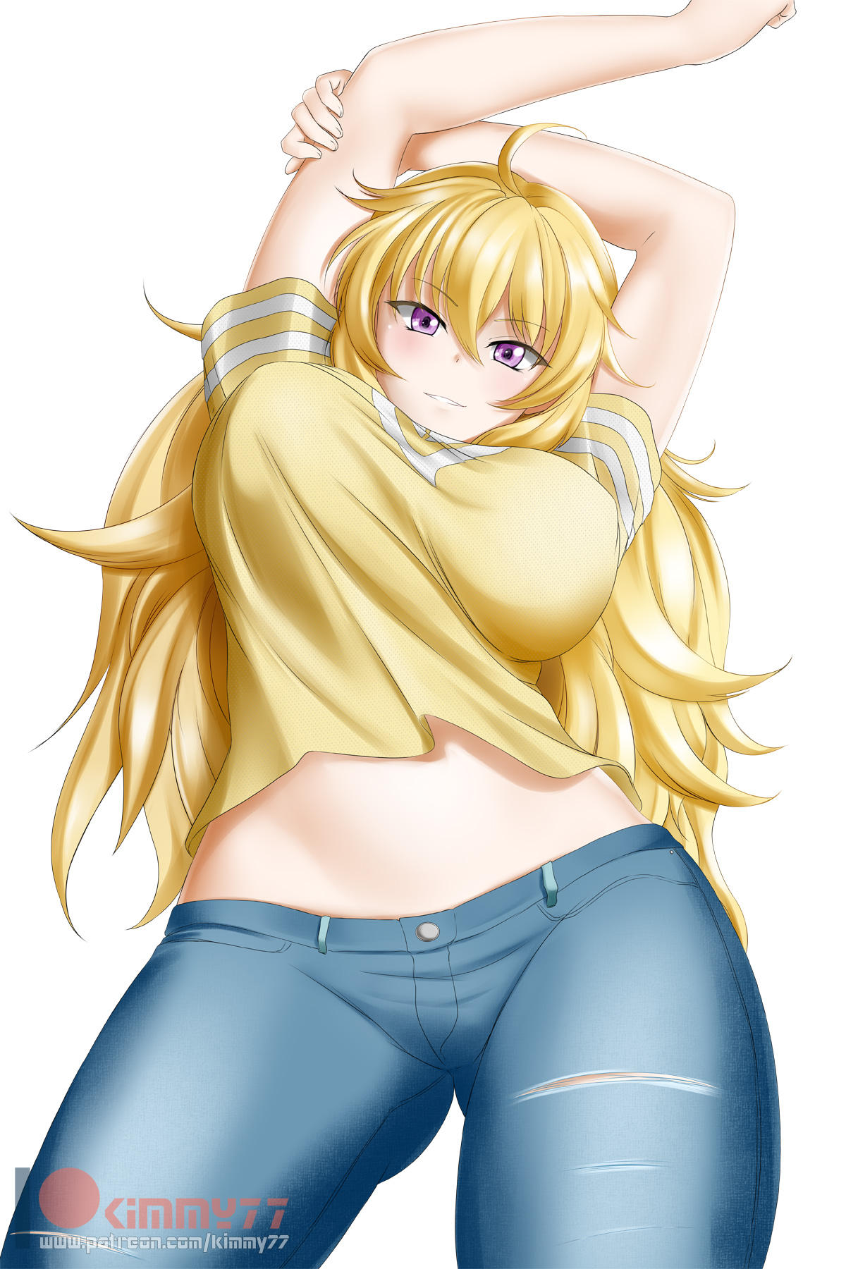 1girl ahoge alfred_cullado blonde_hair blush breasts denim gluteal_fold hair_between_eyes highres jeans large_breasts long_hair looking_at_viewer midriff pants patreon_logo purple_eyes rwby shirt solo stretch watermark web_address white_background yang_xiao_long yellow_shirt