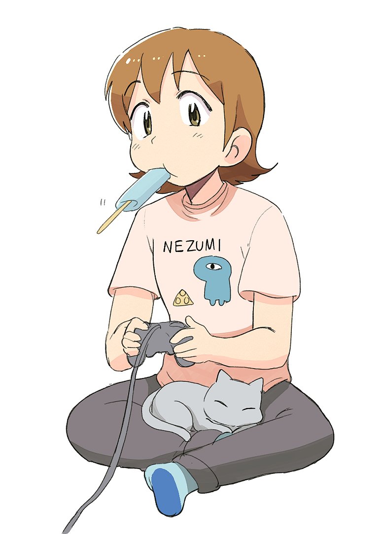 1girl aioi_yuuko blush brown_eyes brown_hair cat closed_mouth controller eyebrows_visible_through_hair food full_body game_controller looking_at_viewer nichijou pants popsicle shirt short_hair short_sleeves simple_background sitting solo sweatpants t-shirt tsubobot white_background