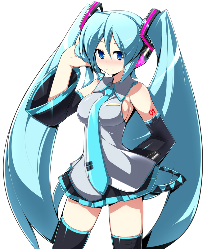 aqua_hair blue_eyes breasts detached_sleeves hatsune_miku headset katami_shinta large_breasts long_hair necktie simple_background skirt solo thighhighs twintails very_long_hair vocaloid white_background