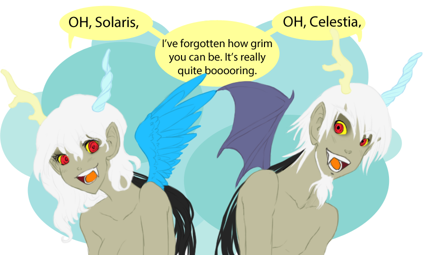 anthrofied chimera crossgender dialog discord_(mlp) draconequus english_text eris fangs female friendship_is_magic horn hybrid male my_little_pony playful text wings zoe-productions