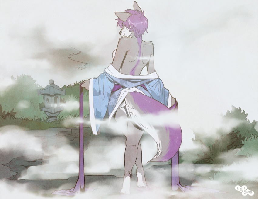back breasts bushes canine crossed_legs female fur grey_fur hair japanese_clothing jess_(teckly) kimono lady_snakebite looking_at_viewer mammal mist purple_fur purple_hair rocks side_boob smile solo standing undressing wolf
