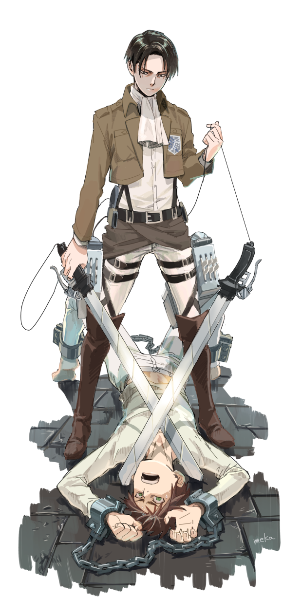 ascot belt black_hair boots cuffs emblem eren_yeager green_eyes highres indesign jacket levi_(shingeki_no_kyojin) lying md5_mismatch multiple_boys on_back open_mouth paradis_military_uniform prison_uniform shackles shingeki_no_kyojin standing survey_corps_(emblem) sword thigh_strap three-dimensional_maneuver_gear upside-down weapon wire