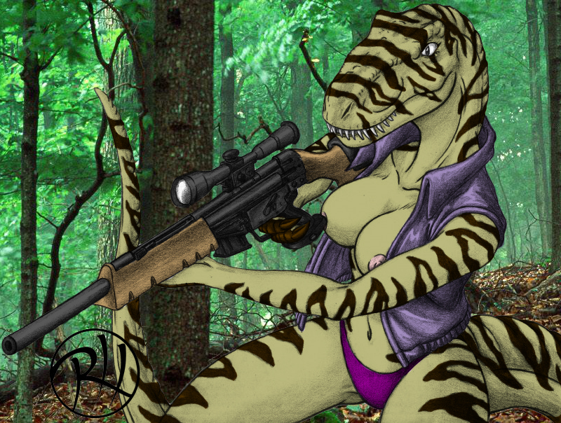 breasts claws clothing dinosaur female forest jacket nipples panties predaguy psg-1 ranged_weapon raptor reptile scalie sniper solo stripes tree underwear weapon