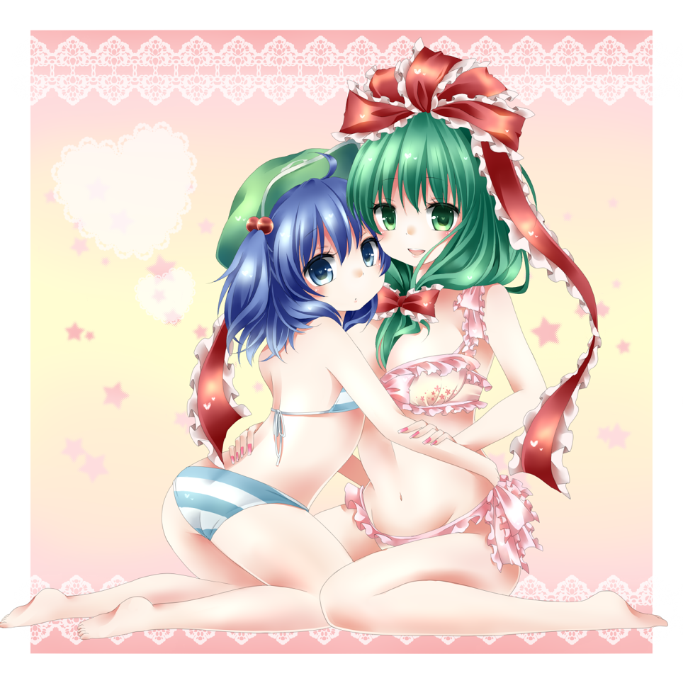 ass barefoot bikini blue_eyes blue_hair bow breasts cleavage frilled_bikini frills front_ponytail green_eyes green_hair groin hair_bobbles hair_bow hair_ornament hair_ribbon hat heart heart-shaped_pupils kagiyama_hina kawashiro_nitori kneeling medium_breasts multiple_girls ribbon star striped striped_bikini striped_swimsuit swimsuit symbol-shaped_pupils tamichan touhou