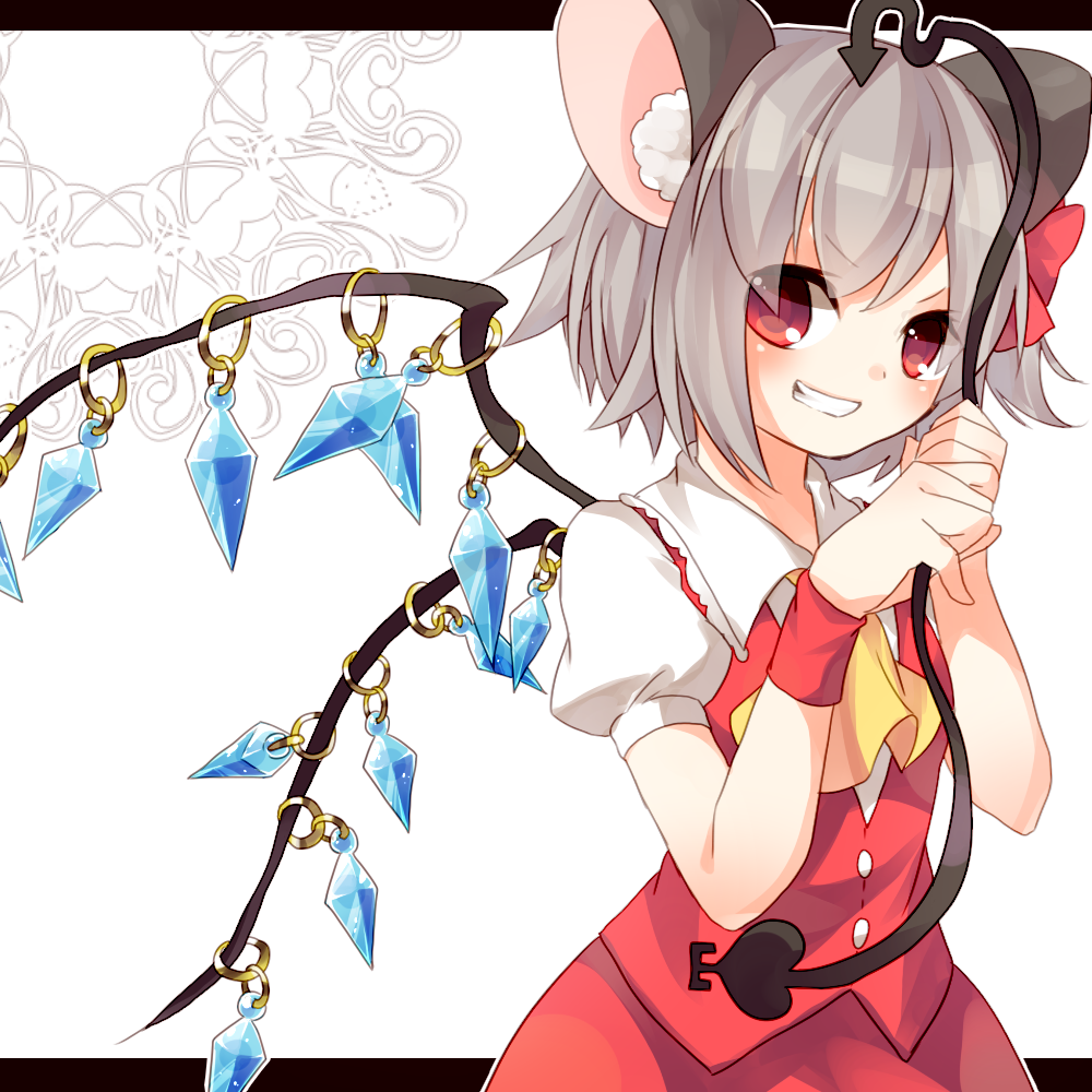 animal_ears cosplay crystal flandre_scarlet flandre_scarlet_(cosplay) grey_hair grin hair_ribbon kozakura_(dictionary) laevatein mouse_ears nazrin red_eyes ribbon short_hair smile solo teeth touhou upper_body wings