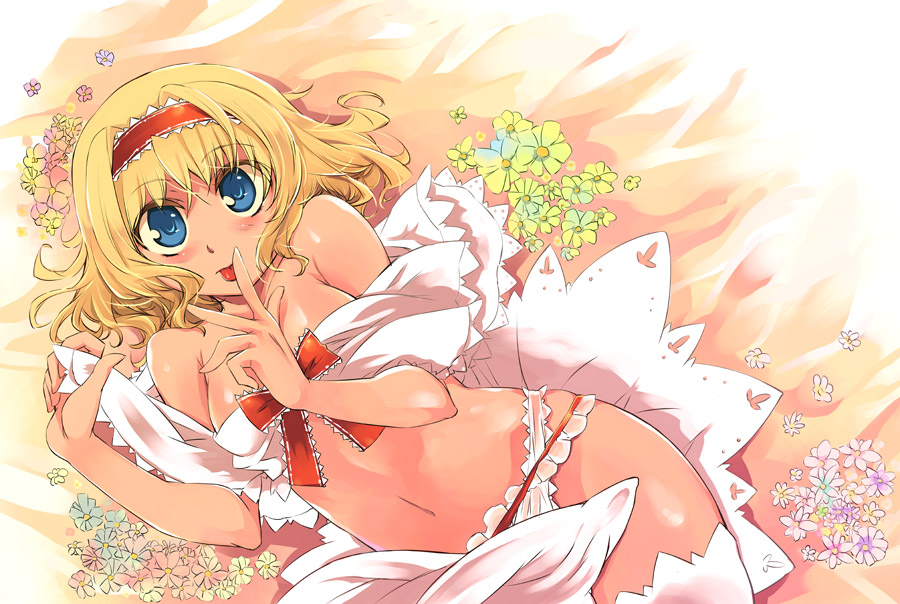 alice_margatroid bare_shoulders blonde_hair blue_eyes breasts capelet cross_eyed flower hairband medium_breasts navel short_hair solo tongue tongue_out touhou yuu_(kfc)