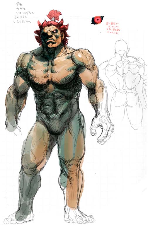 abs black_sclera character_sheet concept_art dark_skin dark_skinned_male gouki male_focus muscle no_penis nude official_art red_eyes red_hair street_fighter street_fighter_iv_(series) topknot