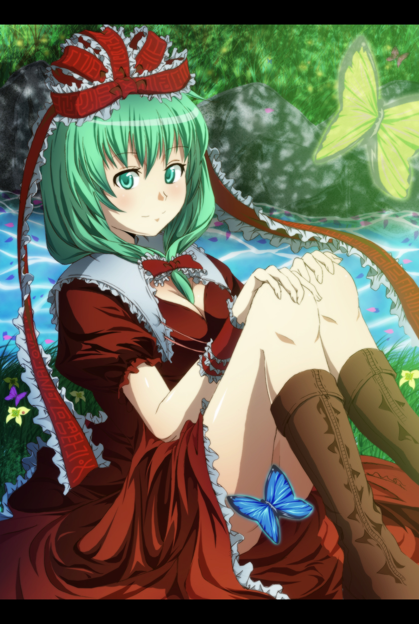 boots bow breasts bug butterfly cleavage dress front_ponytail green_eyes green_hair hair_bow hair_ribbon hands_on_own_knees highres insect kagiyama_hina letterboxed medium_breasts ribbon river rock sitting smile solo touhou wrist_ribbon wrwr