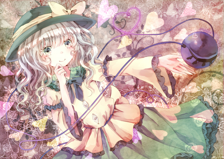 bad_id bad_pixiv_id frills green_eyes hat hat_ribbon heart heart_of_string jaku_sono komeiji_koishi ribbon solo third_eye touhou wavy_hair white_hair