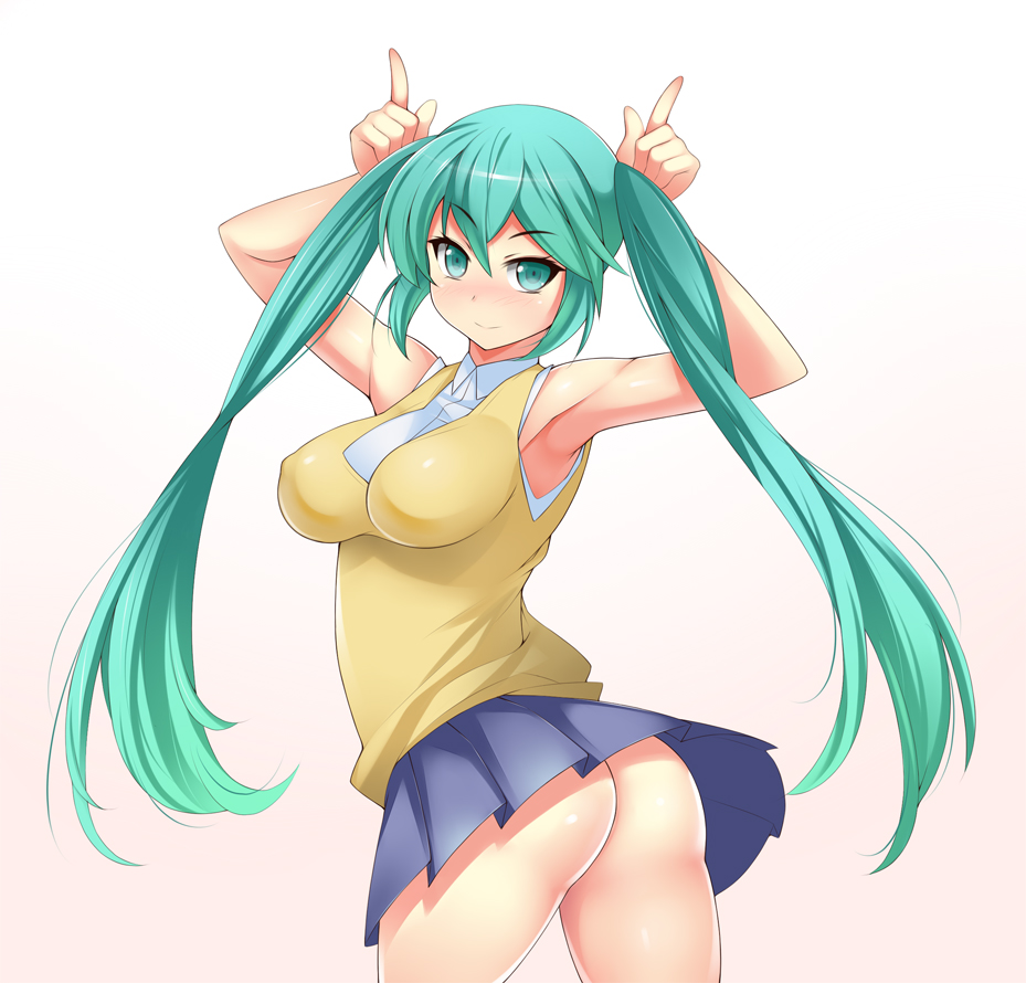 armpits arms_up ass breasts casual cowboy_shot green_eyes green_hair hatsune_miku hevn large_breasts long_hair looking_at_viewer looking_back no_panties pleated_skirt skirt sleeveless smile solo twintails twisted_torso very_long_hair vocaloid