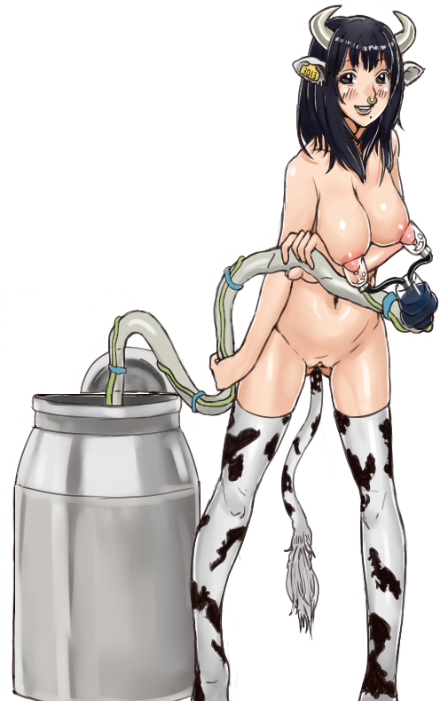 1girl animal_ears black_eyes black_hair blush breasts cat_tail cow_ears cow_girl cow_horns cow_print cow_tail ear_tag female fuee horns lactation looking_at_viewer milking_machine navel nipples nose_piercing nose_ring nude open_mouth original piercing pussy septum_piercing smile solo standing tail thighhighs uncensored