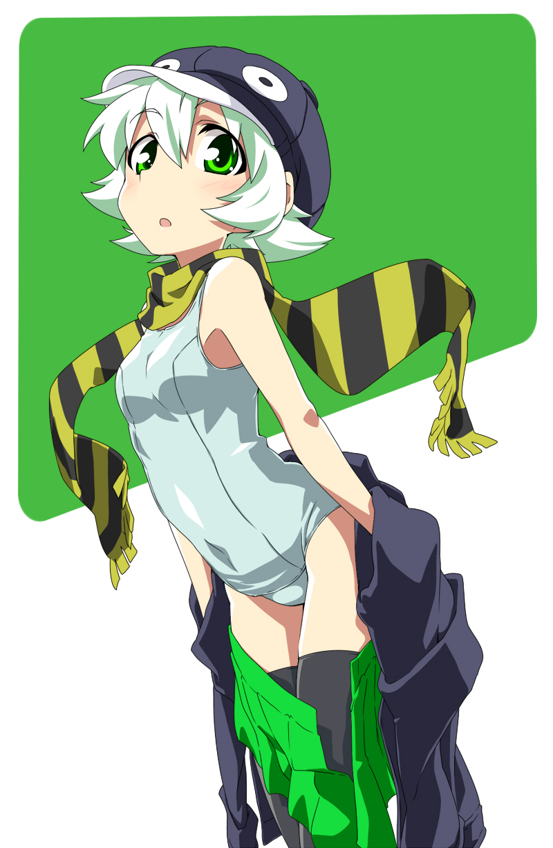 alternate_color_school_swimsuit aqua_swimsuit bird green_eyes green_hair hat highres one-piece_swimsuit original penguin personification scarf school_swimsuit short_hair skirt striped striped_scarf suica swimsuit swimsuit_under_clothes takeya_yuuki thighhighs undressing