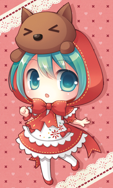 &gt;_&lt; bow chibi closed_eyes cosplay green_eyes green_hair hatsune_miku little_red_riding_hood little_red_riding_hood_(grimm) little_red_riding_hood_(grimm)_(cosplay) mikuzukin_(module) pantyhose project_diva_(series) project_diva_2nd solo vocaloid wolf yui_(planetoid_11)
