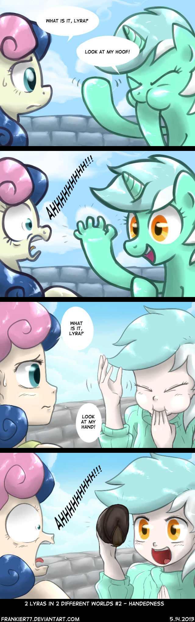 amber_eyes blue_eyes bonbon_(mlp) clothing cloud clouds comic cutie_mark dialog english_text equine eyes_closed female feral finger_in_mouth fingers frankier77 friendship_is_magic frown fur hair hands hooves horn horse human humanized looking_at_viewer lyra_(mlp) lyra_heartstrings_(mlp) mammal my_little_pony open_mouth outside pink_hair pony puffed_cheeks shirt shocked sky smile sweater teeth text tongue tongue_out two_tone_hair unicorn wall white_fur yelling yellow_eyes