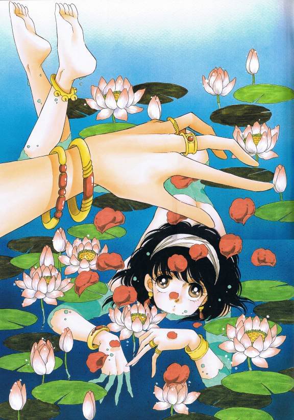 90s anklet barefoot bell black_hair bracelet censored convenient_censoring feet flower hairband hands ishtar_(red_river) jewelry legs_up lily_pad lotus lying multiple_girls non-web_source nude official_art partially_submerged red_river ring scan shinohara_chie soles solo_focus suzuki_yuri water