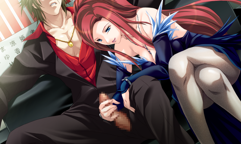 1girl bare_shoulders black_hair blue_eyes breasts censored cleavage club_romance:_club_romance_e_youkoso collar dress elbow_gloves game_cg gloves handjob large_breasts legs_crossed long_hair looking_down penis red_hair short_hair sitting smile