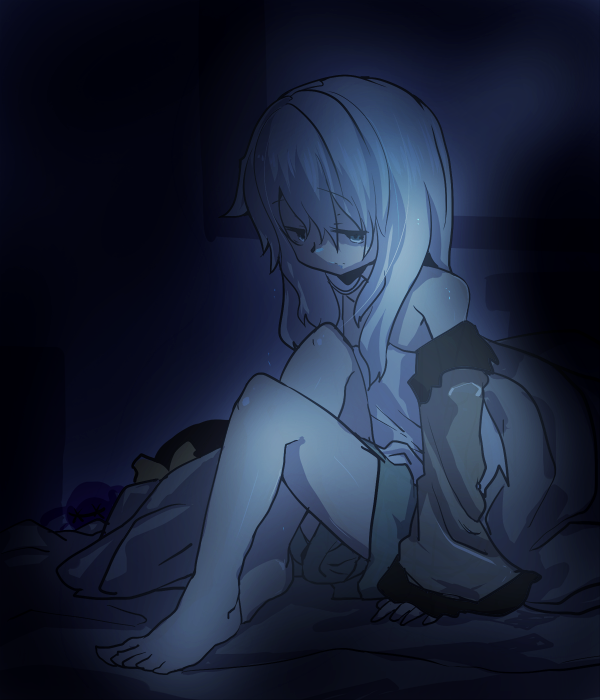 bad_id bad_pixiv_id bare_shoulders dark glowing green_eyes hat hat_removed headwear_removed komeiji_koishi looking_at_viewer mizuga off_shoulder on_bed sad silver_hair solo third_eye touhou