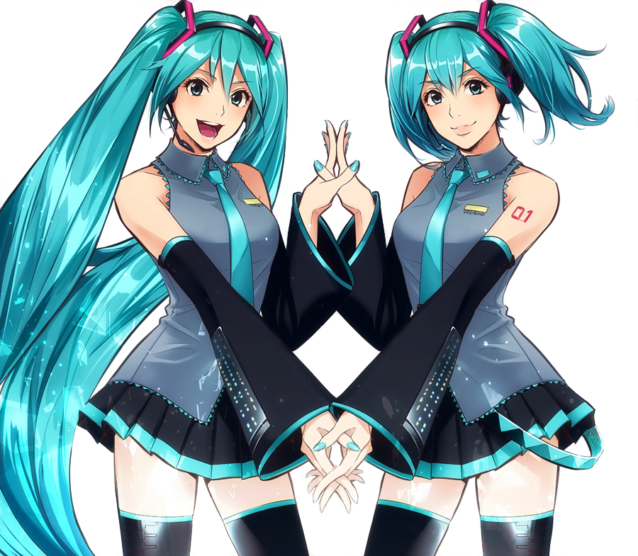 :d alternate_hairstyle aqua_hair bad_id cowboy_shot detached_sleeves dual_persona hand_holding hatsune_miku headphones holding_hands kanata_(loser51) long_hair looking_at_viewer multiple_girls nail_polish necktie open_mouth short_hair short_twintails skirt smile symmetry thighhighs twintails very_long_hair vocaloid white_background