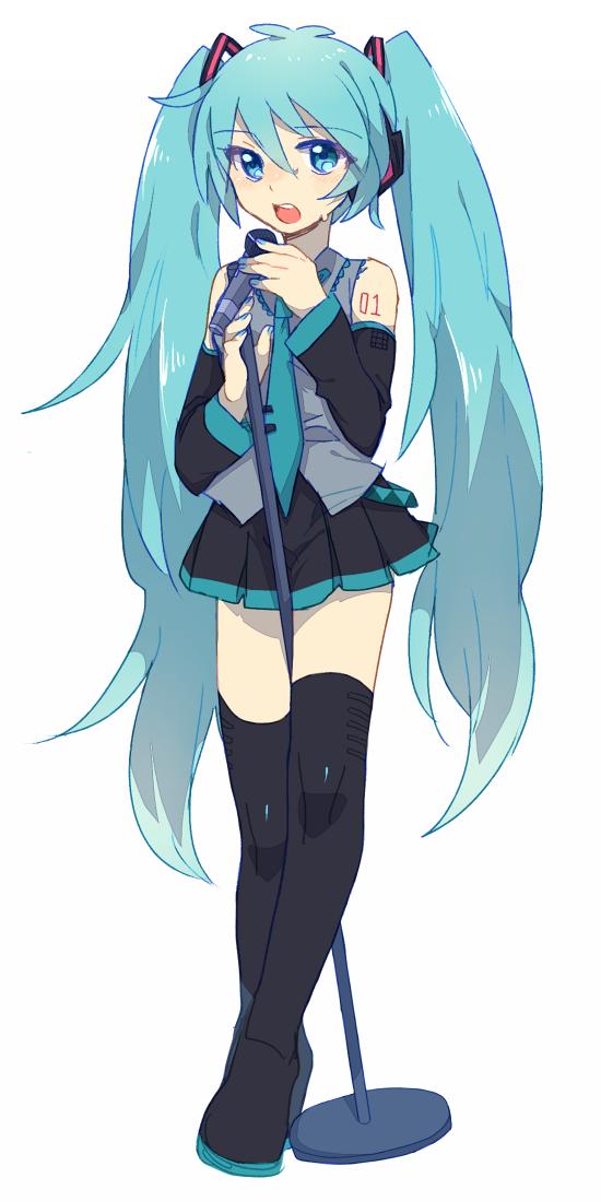 aqua_eyes aqua_hair bad_id bad_pixiv_id boots detached_sleeves hatsune_miku headphones long_hair microphone microphone_stand music necktie open_mouth simple_background singing skirt solo straddling thigh_boots thighhighs twintails utsugi_(basement_01000) very_long_hair vocaloid white_background