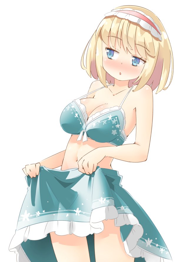 1girl alice_margatroid arnest bangs bare_arms bare_shoulders bikini blonde_hair blue_bikini blue_eyes blue_skirt blush breasts commentary_request cowboy_shot eyebrows_visible_through_hair floral_print frilled_hairband frills hairband large_breasts lolita_hairband looking_to_the_side navel nose_blush parted_lips red_hairband ribbon short_hair simple_background skirt skirt_hold solo standing stomach strap_gap swimsuit thighs touhou white_background white_ribbon