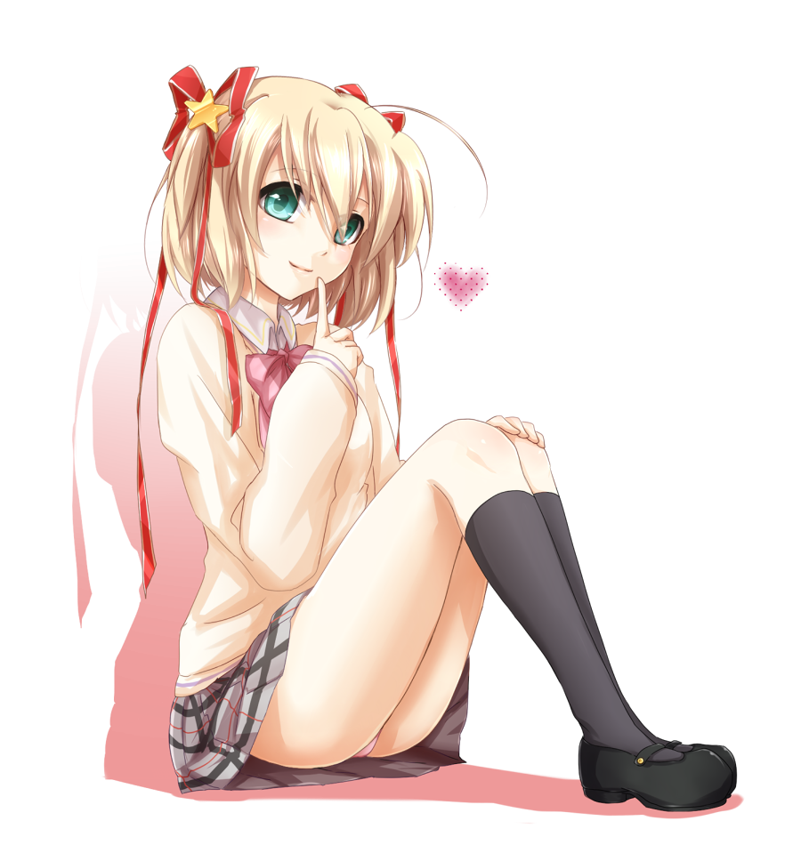 blonde_hair bow green_eyes kamikita_komari karasumi_(aiseec) little_busters! panties pantyshot pink_bow pink_panties ribbon school_uniform short_hair solo twintails underwear