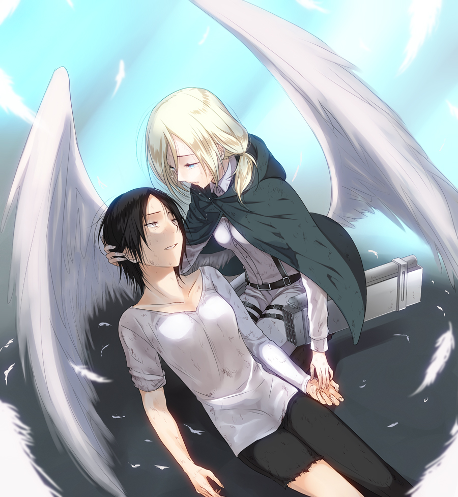 3u angel_wings bad_id bad_pixiv_id black_hair blonde_hair cape christa_renz dirty feathers freckles hand_on_another's_head lying multiple_girls ponytail shingeki_no_kyojin sleeves_rolled_up tears three-dimensional_maneuver_gear torn_clothes wings ymir_(shingeki_no_kyojin)