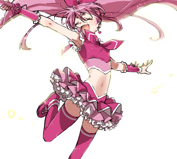 :d bow closed_eyes cure_melody houjou_hibiki jumping long_hair midriff nakagawa_waka navel open_mouth outstretched_arm pink_bow pink_hair precure simple_background sleeveless smile solo suite_precure thighhighs white_background