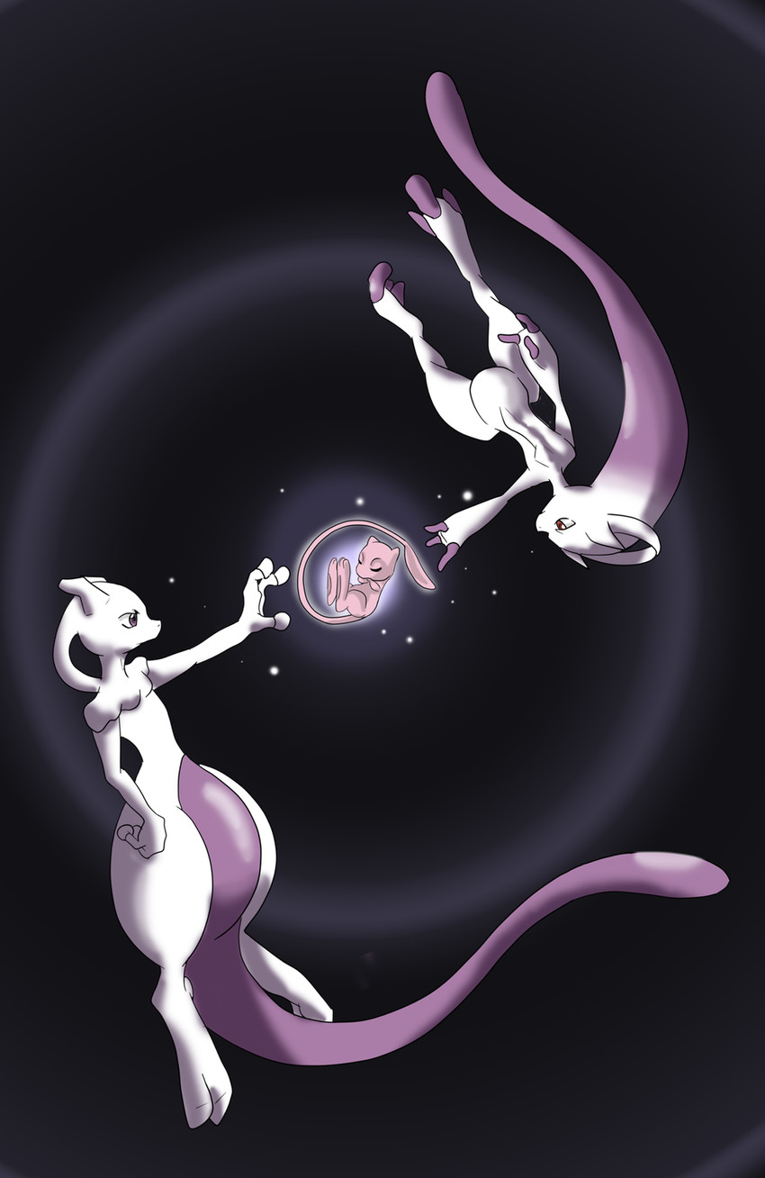 age_difference alternate_form baby circle dual_persona eyes_closed group hand_on_hip hi_res legendary_pok&#233;mon mega_evolution mega_mewtwo_y mew mewtwo midair nintendo outstretched_hand plain_background pok&#233;mon pok&eacute;mon purple_body purple_eyes reaching red_eyes shinyscyther sleeping video_games void white_body young