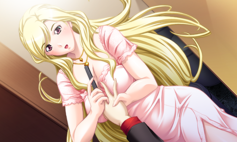1girl blonde_hair blush breasts cleavage club_romance:_club_romance_e_youkoso dress game_cg large_breasts long_hair looking_at_viewer open_mouth pink_eyes standing wavy_hair