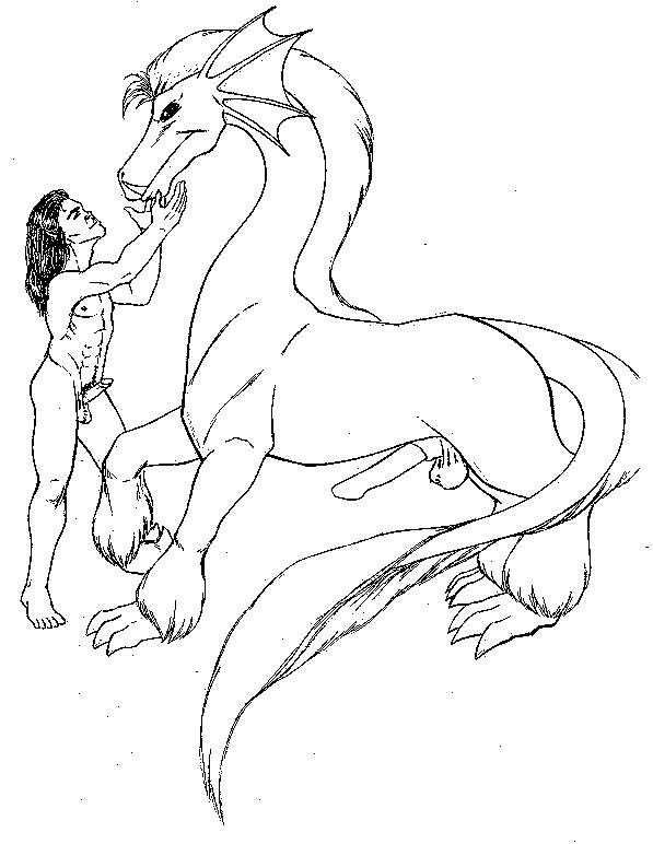 balls dragon duo erection eye_contact feral gay humanoid_penis male mane monochrome nude orc penis plain_background raised_arm scalie sheath side_view standing tusk unknown_artist