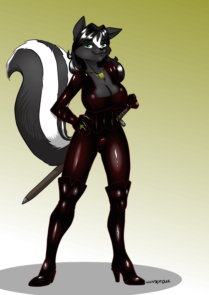 black_hair boots breasts cleavage clothed clothing female green_eyes hair high_heels jewelry knee_boots leather leggings legwear long_hair looking_at_viewer mammal morgan necklace ring skunk solo sword thigh_high_boots weapon wonderduck