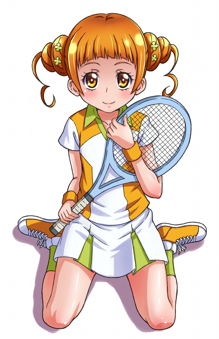 clover clover_hair_ornament dokidoki!_precure double_bun four-leaf_clover four-leaf_clover_hair_ornament full_body hair_ornament long_hair magical_girl mitamura-kun_(landcell) orange_eyes orange_hair precure racket shirt shoes simple_background skirt smile sneakers socks solo sportswear tennis tennis_racket tennis_uniform twintails white_background wrist_cuffs yotsuba_alice