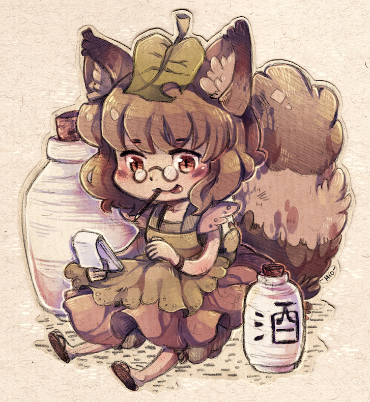 alcohol animal_ears apron brown_hair chibi futatsuiwa_mamizou glasses gourd leaf leaf_on_head mi-eau mouth_hold notepad pencil pince-nez raccoon_ears raccoon_tail red_eyes sake sitting slit_pupils tail tongue tongue_out touhou