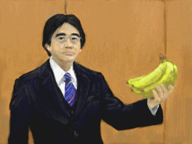 1boy asian banana black_hair food fruit glasses iwata_satoru meme necktie nintendo satoru_iwata