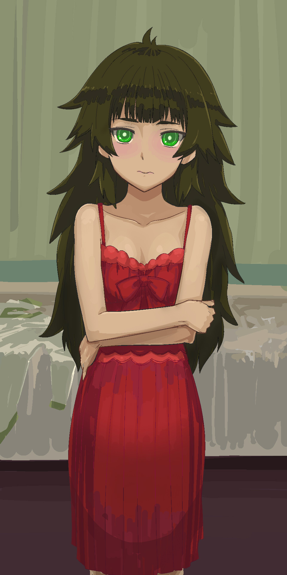 1girl ahoge bangs bare_shoulders bed blunt_bangs blush bow breasts brown_hair closed_mouth clothes_on_bed collarbone crossed_arms curtains dress dress_bow eyebrows_visible_through_hair feet_out_of_frame green_eyes highres hiyajou_maho indoors long_hair looking_at_viewer menomorute messy_hair red_bow red_dress ringed_eyes sidelocks small_breasts solo spaghetti_strap standing steins;gate steins;gate_0 very_long_hair wavy_mouth